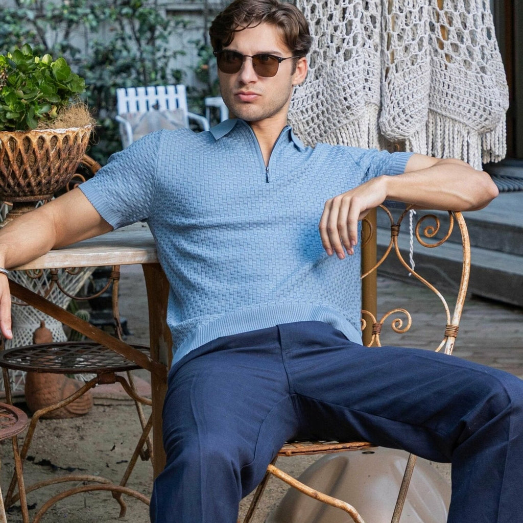 Men's Stylish Premium Knit Textured Polo Shirt with Stripe Accents // Slate-Blue