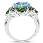5.76 Carat Genuine Blue Topaz, Chrome Diopside & Garnet .925 Sterling Silver Ring