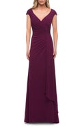 La Femme Ruched Jersey Sheath Gown in Dark Berry, Size 6