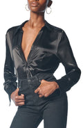 OWN Satin Button-Up Shirt in Black, Size 6