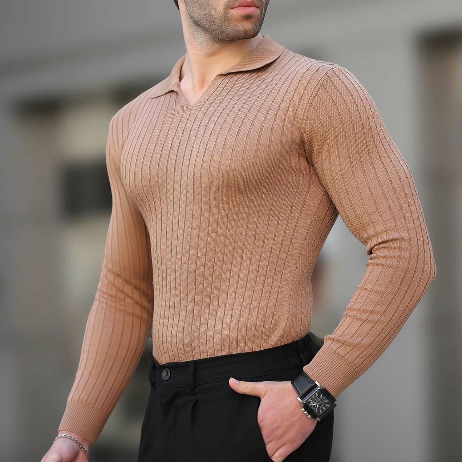 V-Neck Rib Knit Polo Sweater // Camel