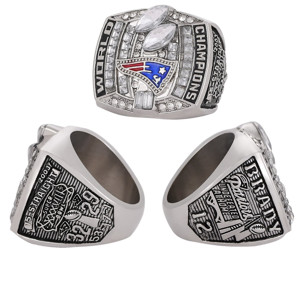 New England Patriots Super Bowl Championship Ring & Trophy Set– 2002, 2004, 2005, 2015, 2017 & 2019