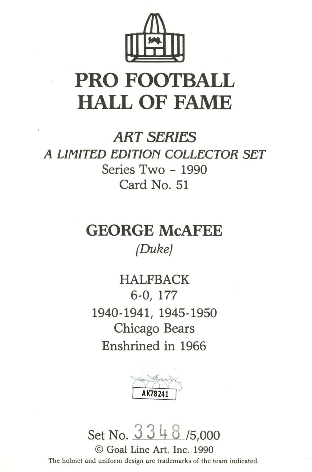 George McAfee HOF Autographed Goal Line Art GLAC Postcard Bears JSA 181001