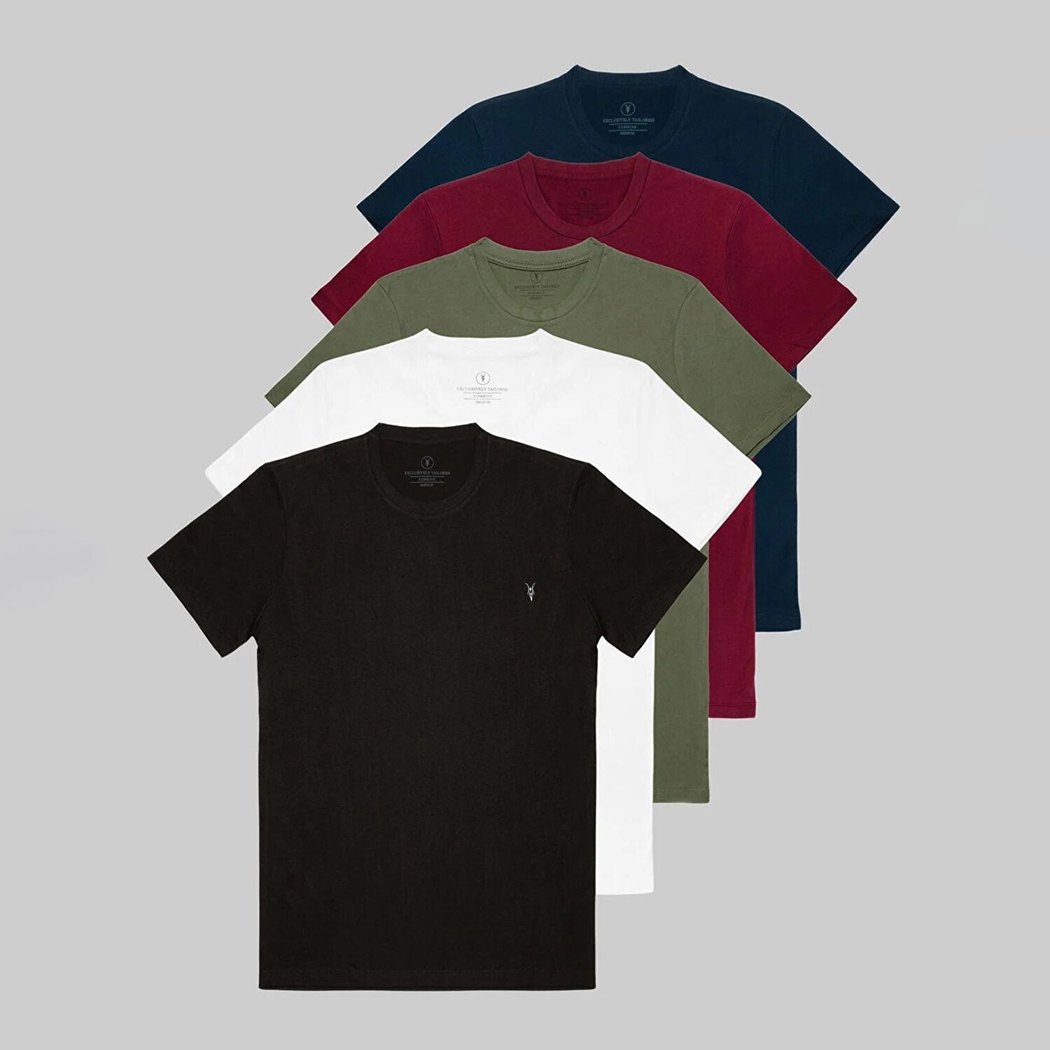 Set of 5 // Crewneck Regular Fit T-Shirts // Navy + Burgundy + Olive + White + Black
