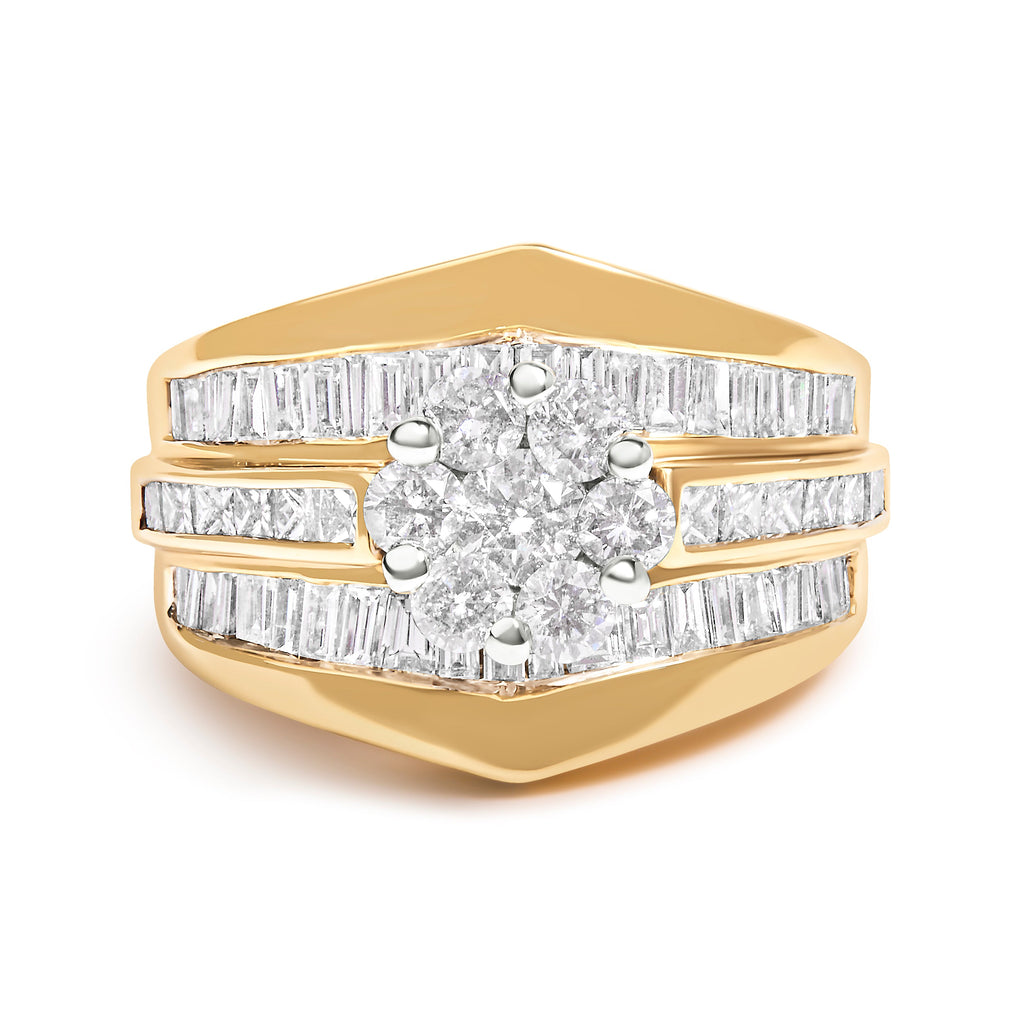 14K Yellow Gold 2-1/3 Cttw Diamond Cluster Channel Set Chevron Shaped Band Engagement Ring & Wedding Band Set