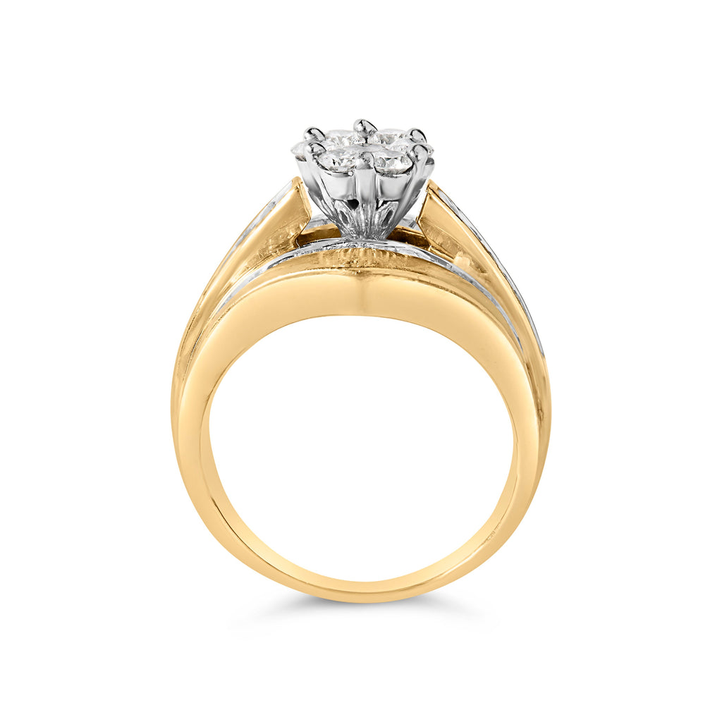 14K Yellow Gold 2-1/3 Cttw Diamond Cluster Channel Set Chevron Shaped Band Engagement Ring & Wedding Band Set