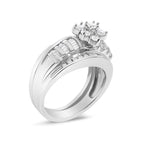 14K White Gold 1.0 Cttw Round and Baguette Diamond Cluster Bridal Set