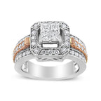 14K White and Rose Gold 1 1/8 Cttw Princess and Round-Cut Diamond Art Deco Style Triple Shank Halo Cocktail Ring (I-J Color, SI2-I1 Clarity) - Size 7