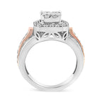 14K White and Rose Gold 1 1/8 Cttw Princess and Round-Cut Diamond Art Deco Style Triple Shank Halo Cocktail Ring (I-J Color, SI2-I1 Clarity) - Size 7