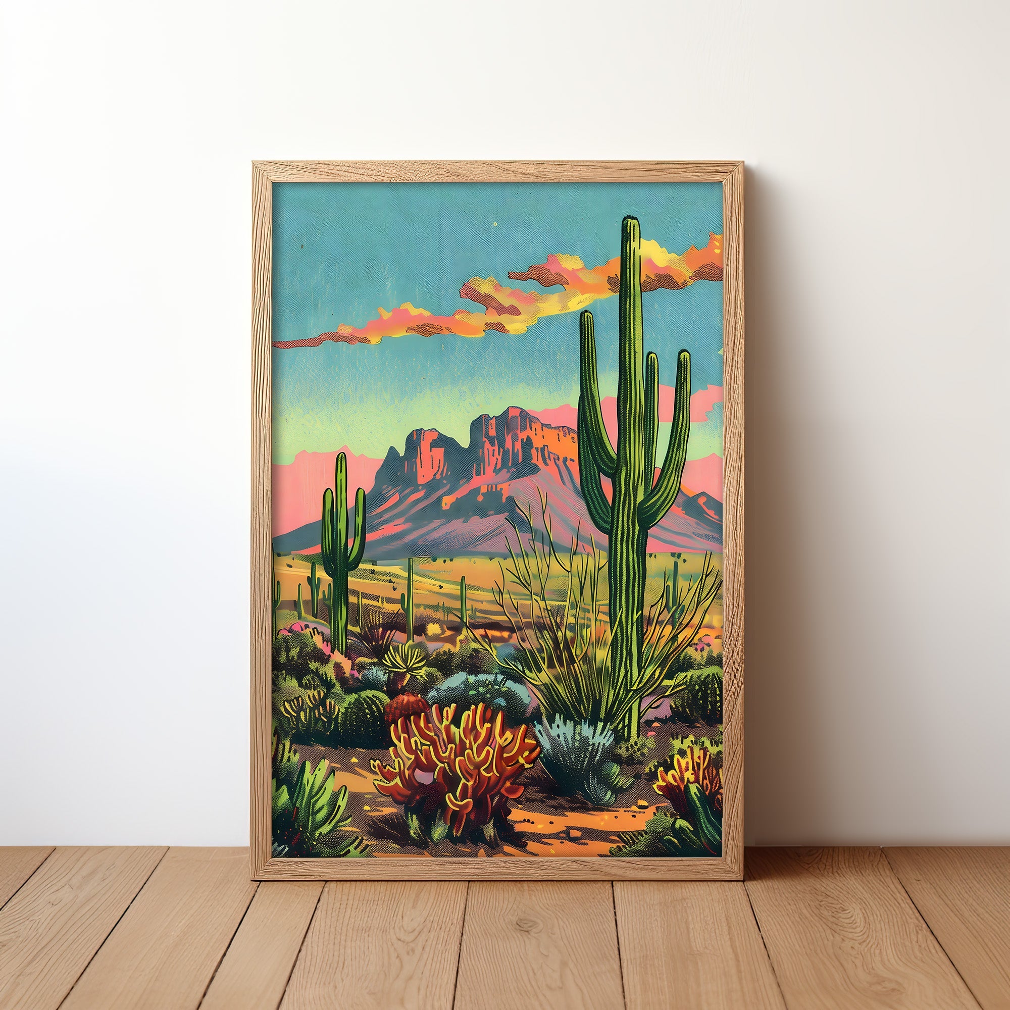 Vintage Postcard Style Desert Landscape Saguaro Art Print