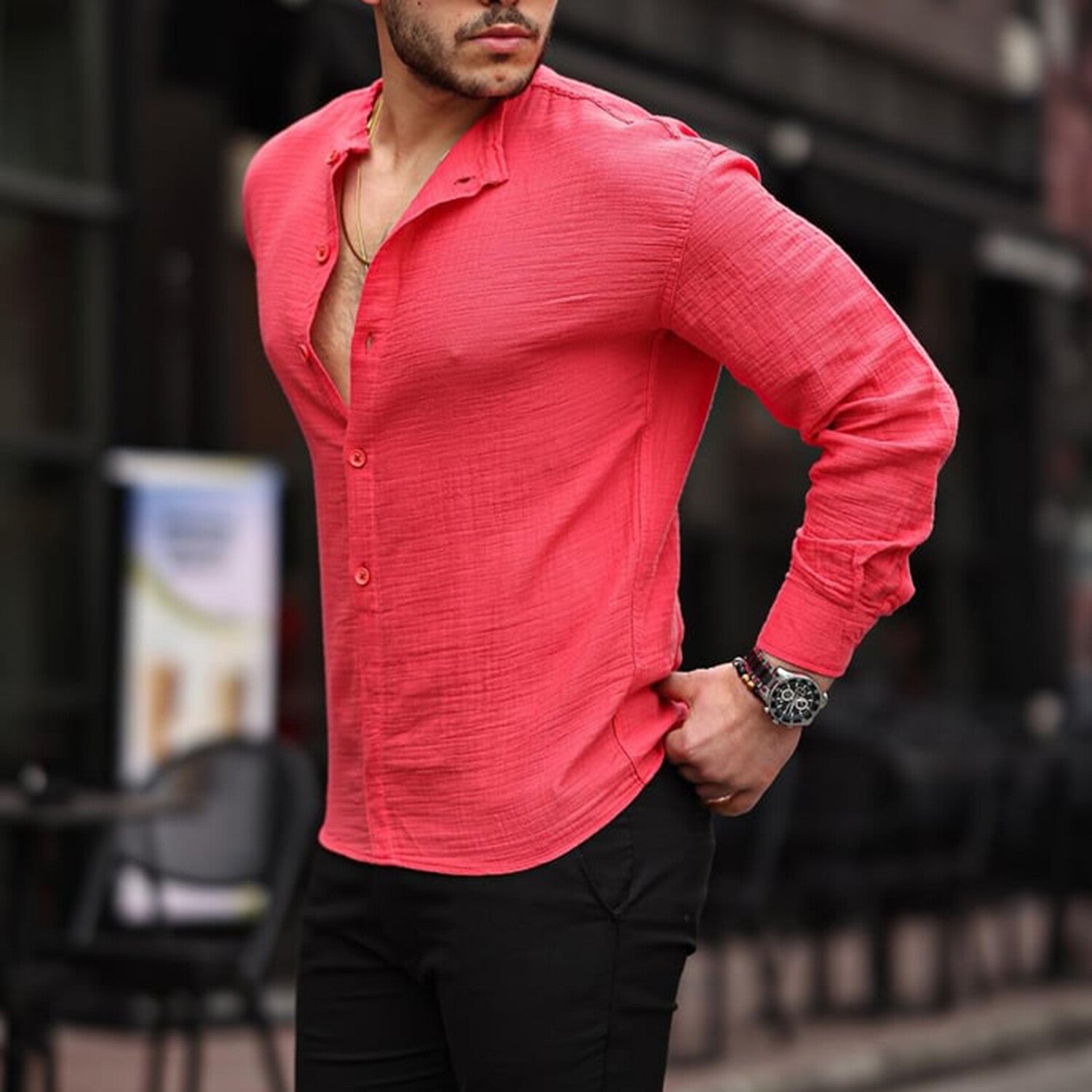 Half Patch Collar Muslin Fabric Shirt // Red