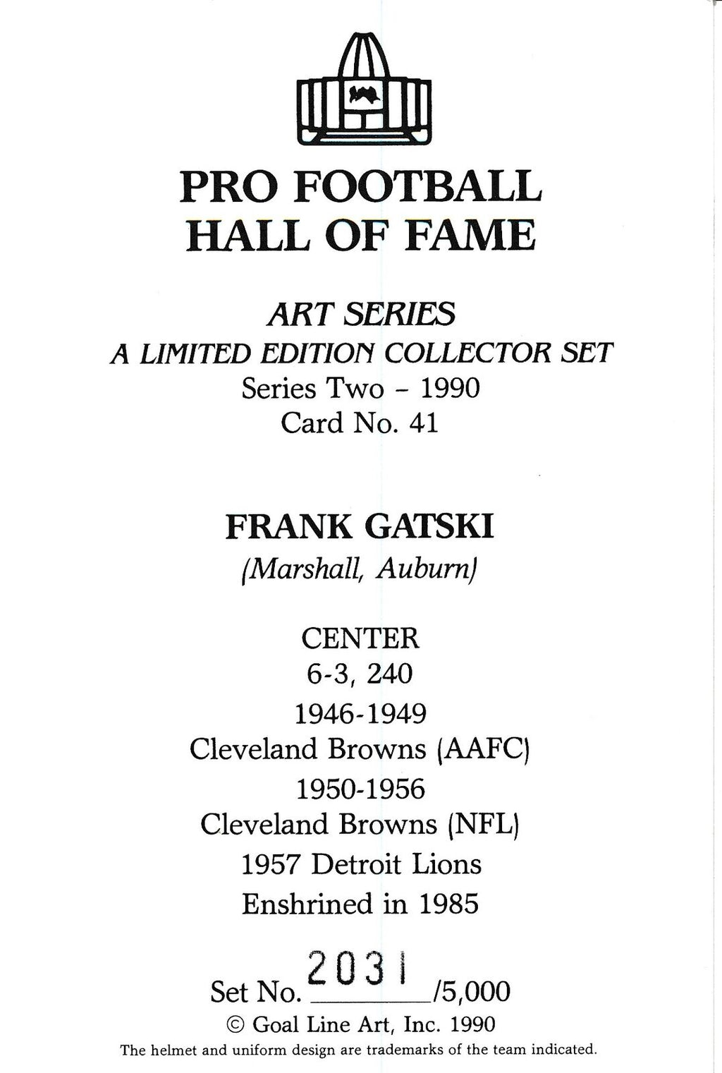 Frank Gatski HOF Browns Signed/Inscribed Goal Line Art GLAC Postcard 163823