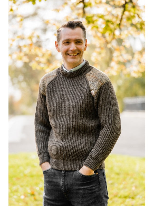 Gamekeeper Chunky Crew Neck Sweater with Harris Tweed Patches