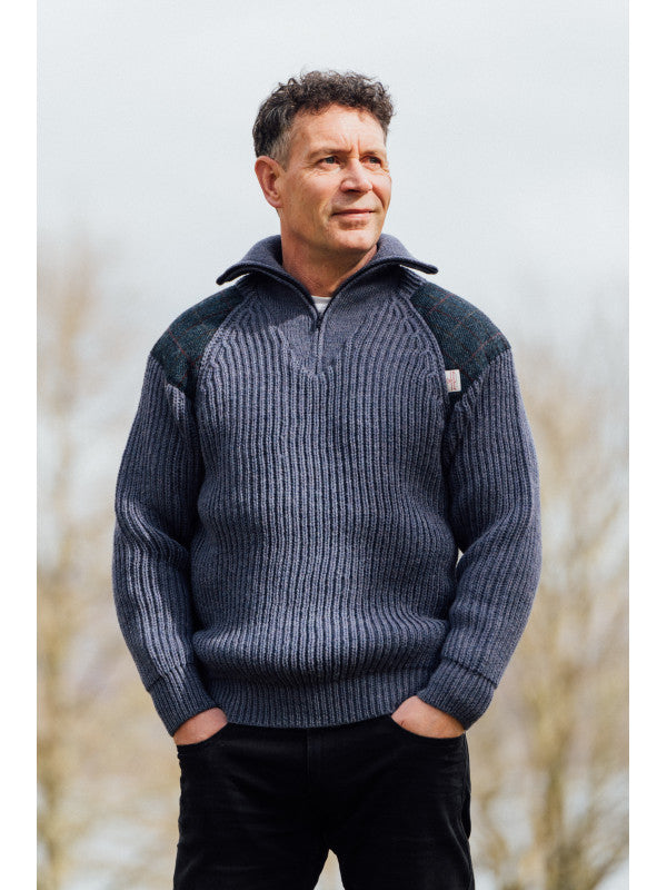 Crofter Chunky 1/4 Zip Neck Sweater - Harris Tweed Patches