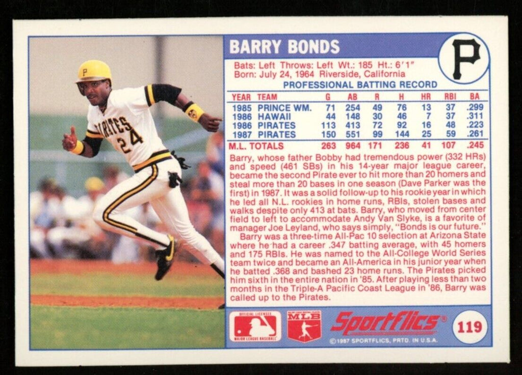 1987 Sportflics Topps Baseball Barry Bonds #119 Pittsburgh Pirates