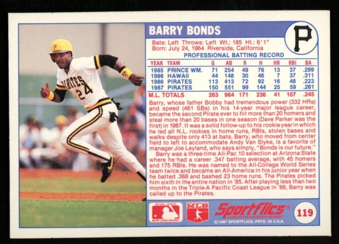1987 Sportflics Topps Baseball Barry Bonds #119 Pittsburgh Pirates