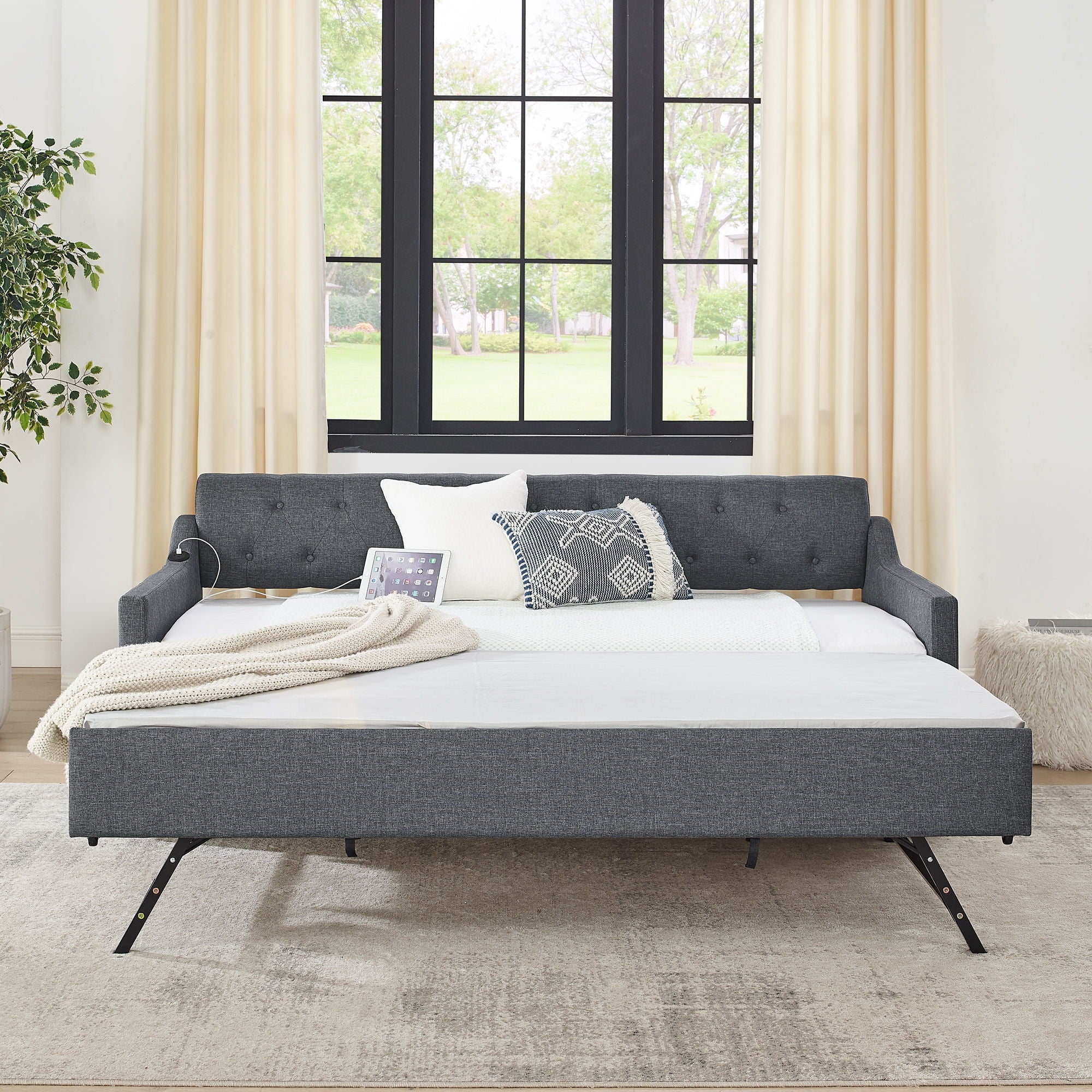 Size Upholstered Daybed With Trundle And USB Charging Armrest