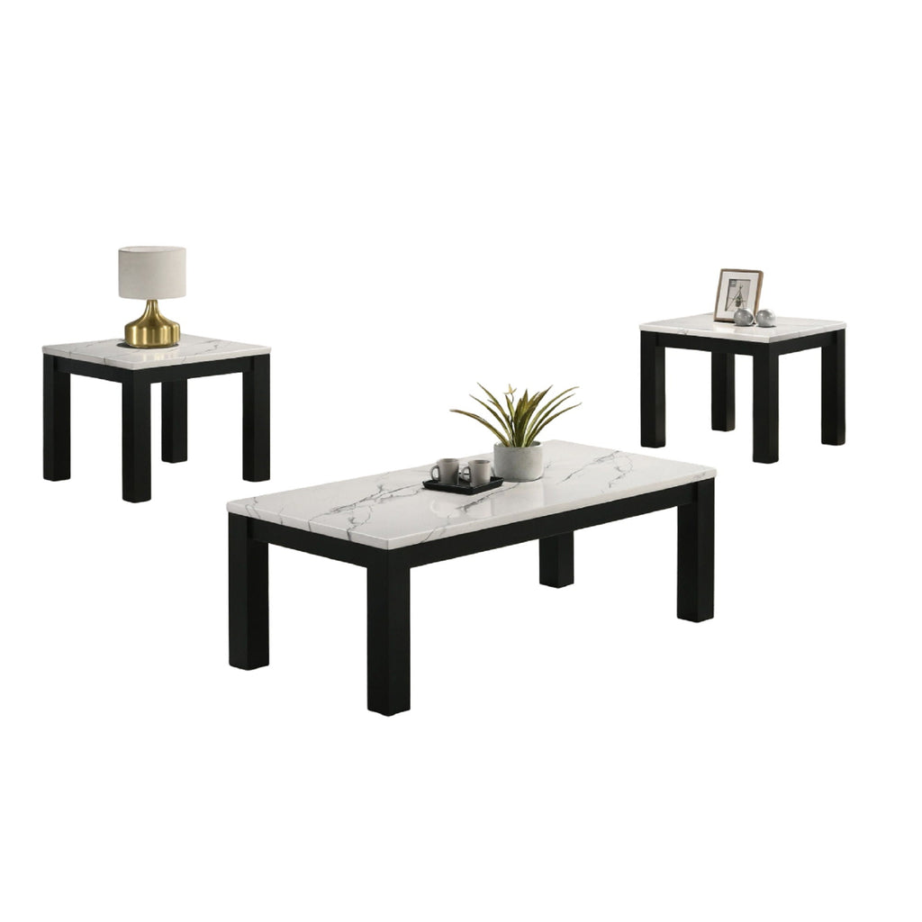 Modern 3 Piece Living Room Table Set With Faux Marble Top - Black / White
