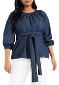 ELOQUII Women's Plus Size Dramatic Faux Wrap Top - 18, Dark Wash