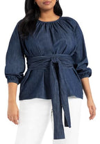 ELOQUII Women's Plus Size Dramatic Faux Wrap Top - 18, Dark Wash