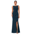 Betsy & Adam Women's Long Sleeveless Boat Neck Ruffle Side Slit Scuba Crepe Gown, Pine, 16