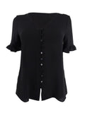 CeCe Sportswear Women's 3/4 Sleeve Ruffled Button Blouse, Rich Black, S