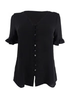 CeCe Sportswear Women's 3/4 Sleeve Ruffled Button Blouse, Rich Black, S