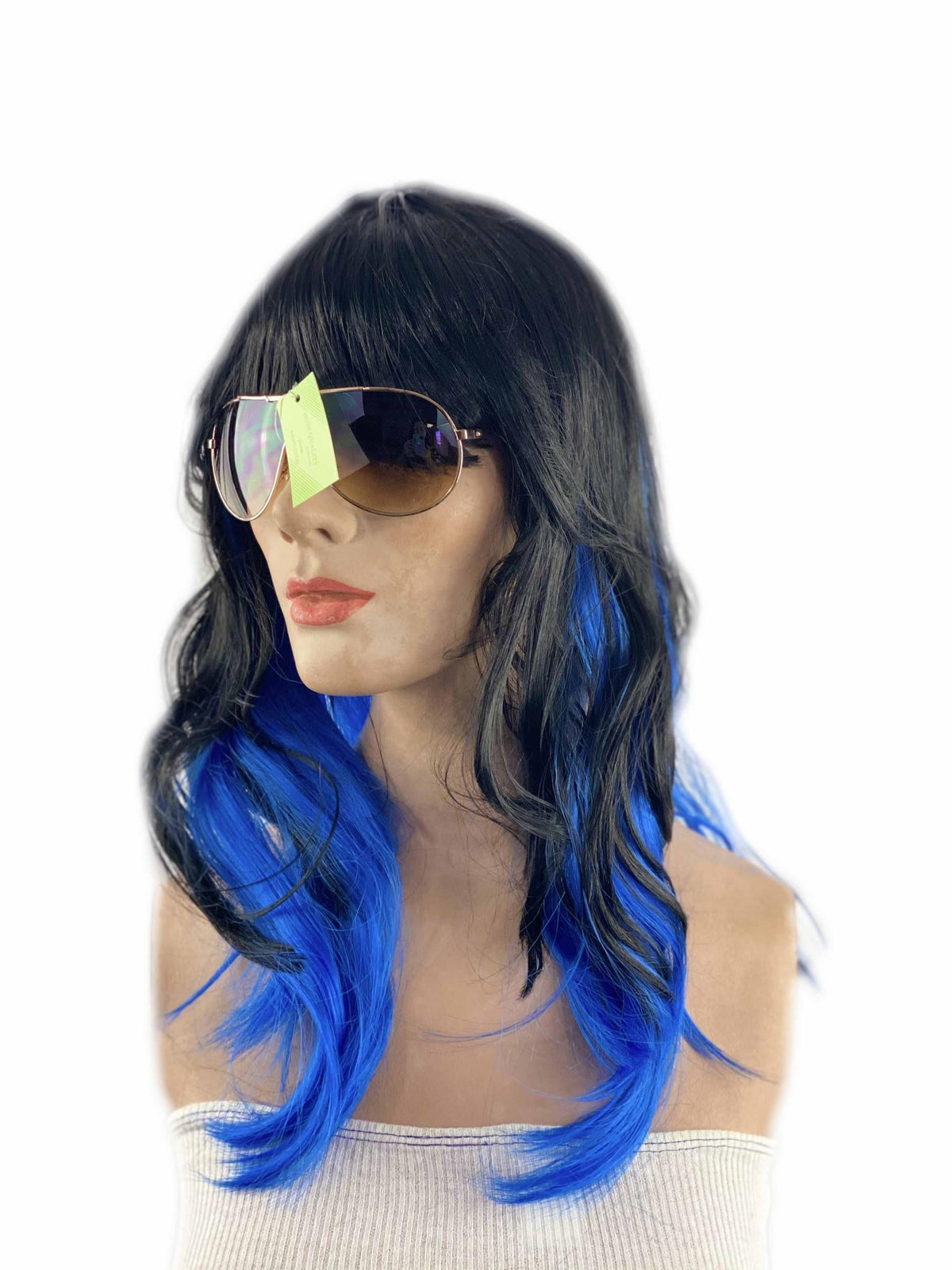 Two Toned Black with Blue Streak Chunks Underneath Vamp Women's Costume Wig