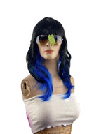 Two Toned Black with Blue Streak Chunks Underneath Vamp Women's Costume Wig