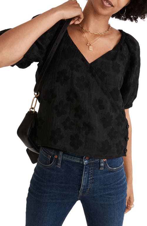 Madewell Floral Jacquard Puff Sleeve Wrap Top in True Black, Size Small