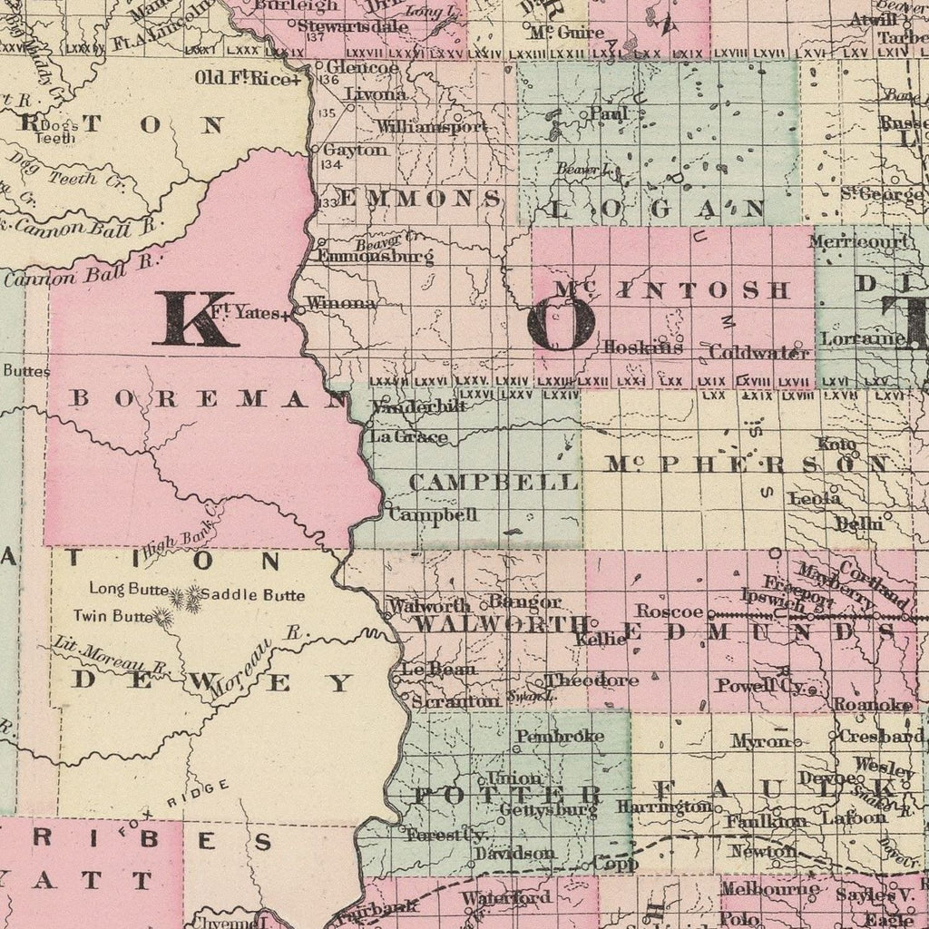 Vintage Map of Dakota Territory 1876