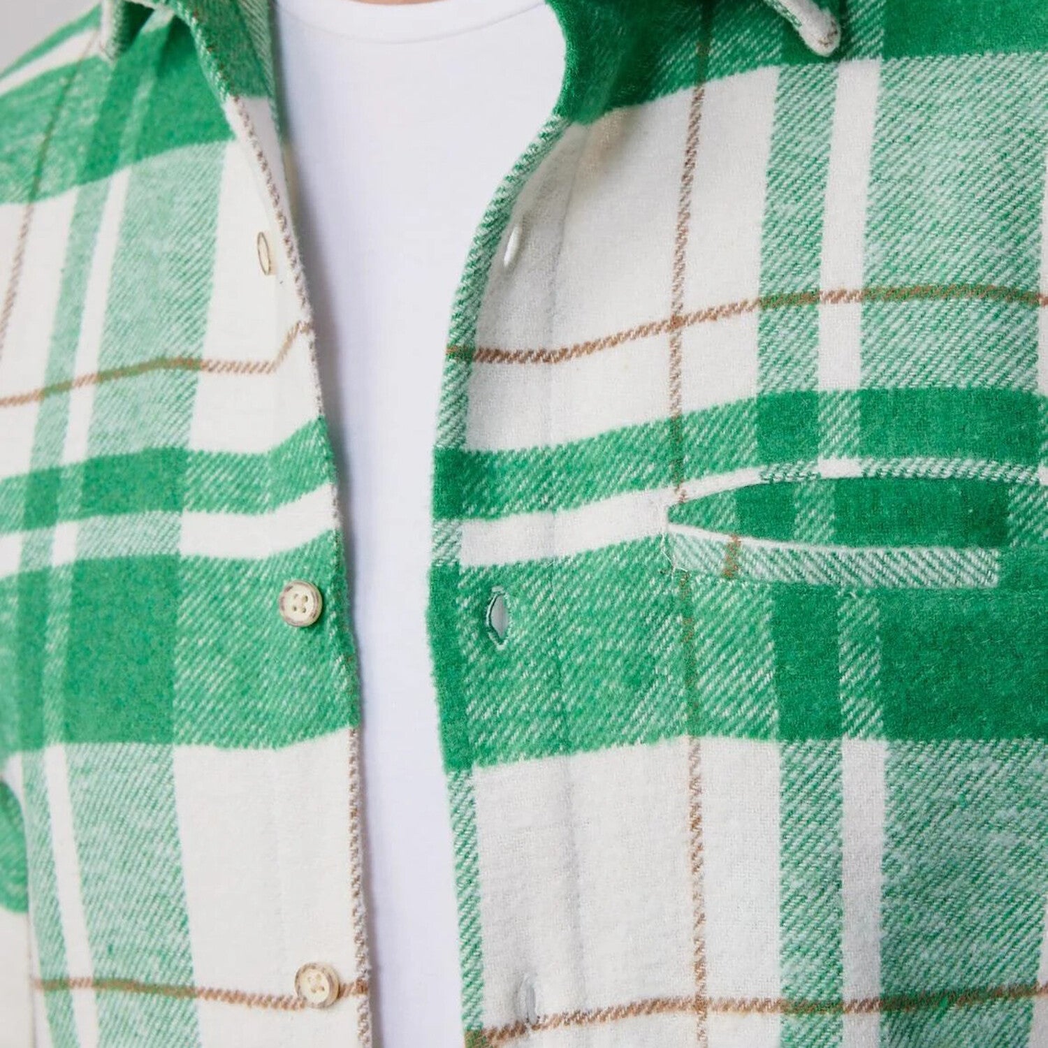 Slim Fit Flap Single Pocket Winter Plaid Lumberjack Shirt // White + Green