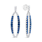 18K White Gold 1.11 Cttw Blue Round Diamond and Blue Sapphire Openwork Oval Shaped Dangle Earrings (F-G Color, VS1-VS2 Clarity)