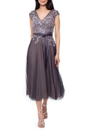 Xscape Beaded Fit & Flare Cocktail Dress in Grey/Blush, Size 16