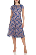 JS Collections Robin Leaf Midi Cocktail Dress in Amethyst/Navy, Size 14