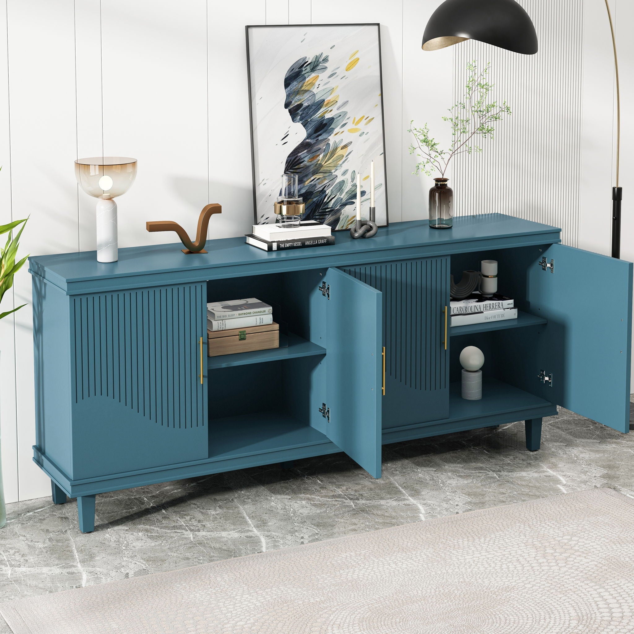 4 Door Cabinet, Large Storage For Living Room - Blue