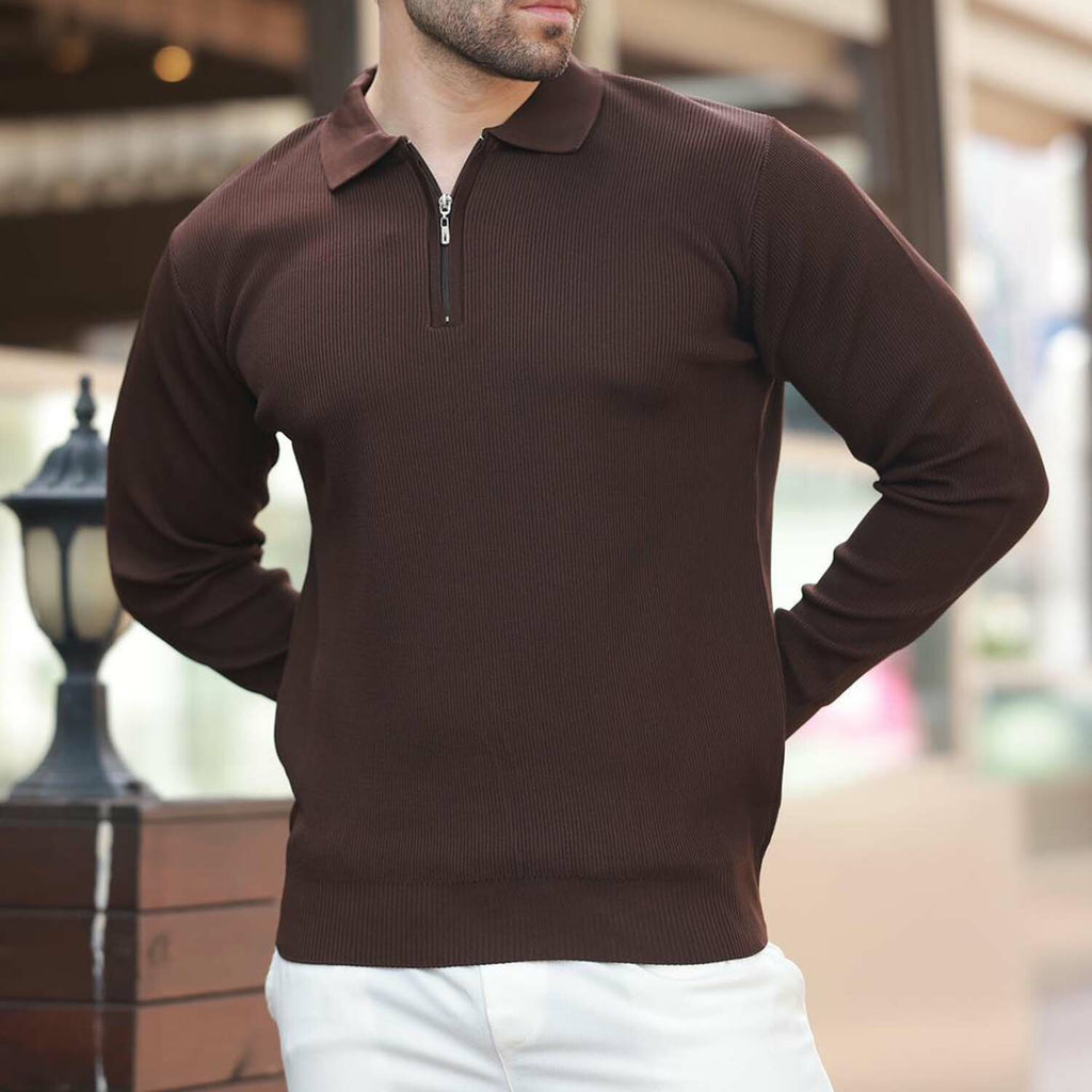 Quarter-Zip Small Rib Knit Polo Sweater // Brown