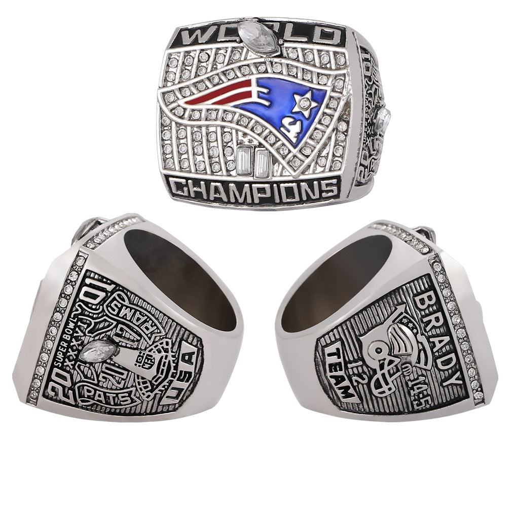 New England Patriots Super Bowl Championship Ring & Trophy Set– 2002, 2004, 2005, 2015, 2017 & 2019
