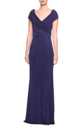 La Femme Ruched Jersey Column Gown in Navy, Size 12