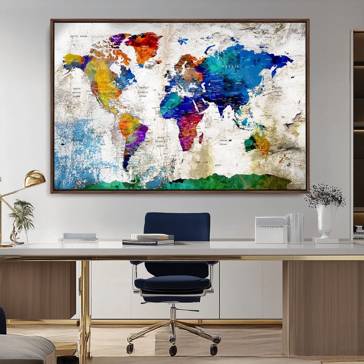 Navy Blue and Orange Watercolor World Map Canvas Print | Framed Travel Map
