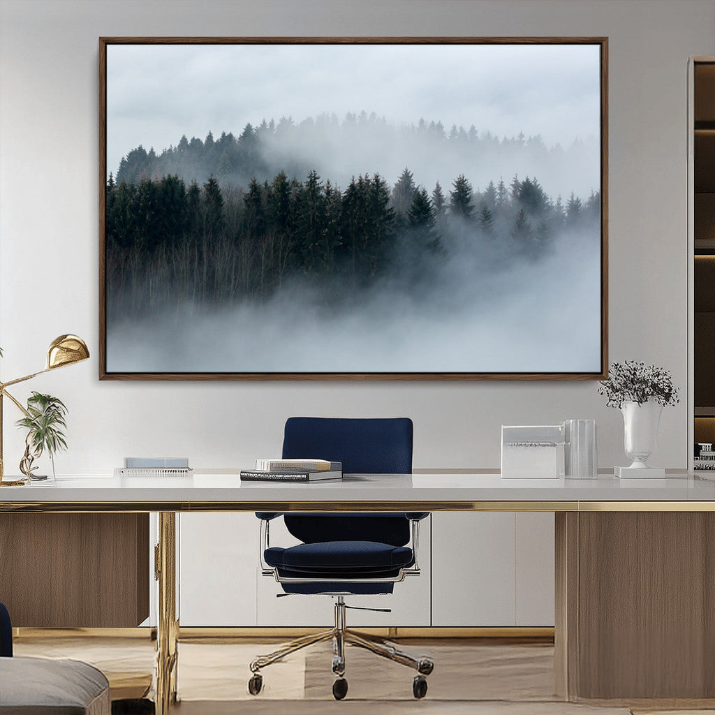 Autumn and Misty Trees in the Forest Wall Art Canvas Print, Foggy Forest Mountain Wall Art