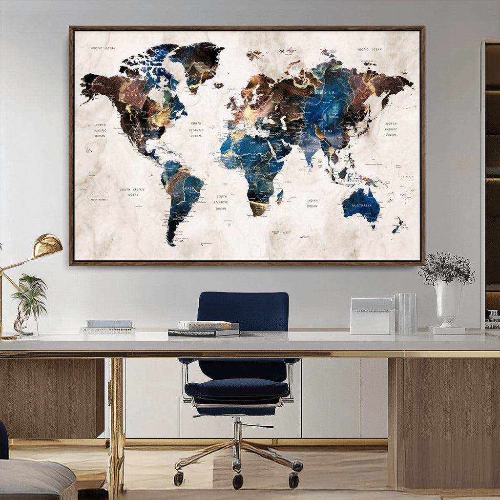 Abstract Earth Tone Blue World Map Canvas Print | Framed Travel Map Wall Art