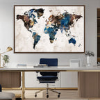 Abstract Earth Tone Blue World Map Canvas Print | Framed Travel Map Wall Art