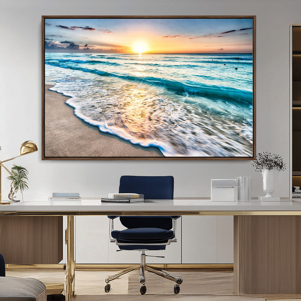 Sunset Beach Waves Canvas Wall Art | Ocean Sunset Coastal Print