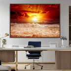 Red Sunset Ocean Beach Canvas Wall Art, Coastal Sunset Print