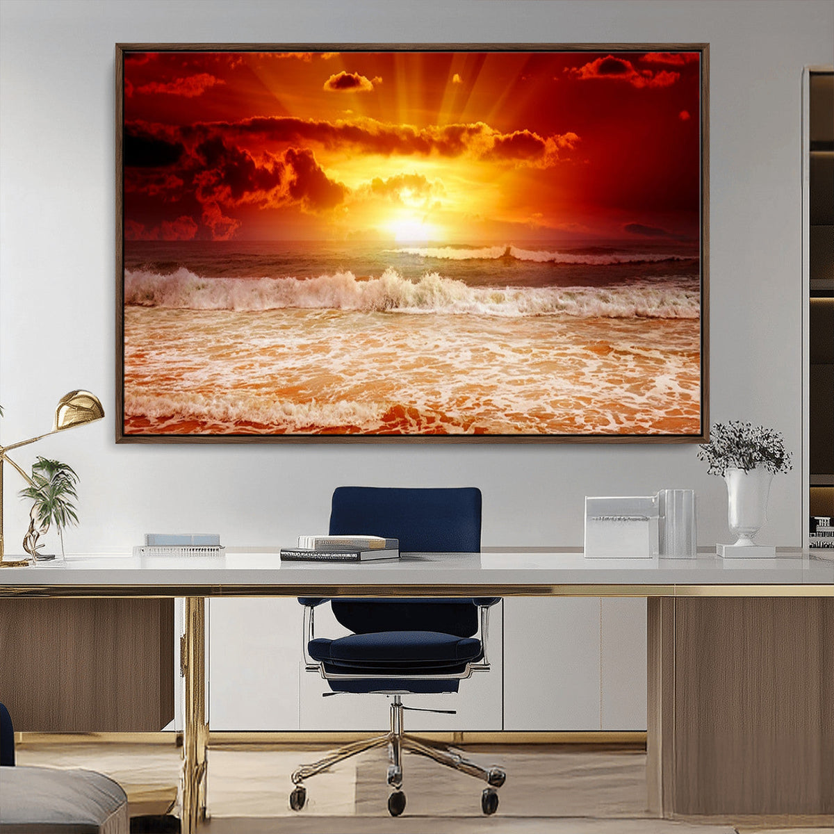 Red Sunset Ocean Beach Canvas Wall Art, Coastal Sunset Print