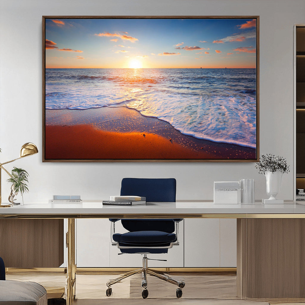 Tropical Ocean Sunset Wall Art Canvas Print, Golden Beach Horizon, Coastal Island Decor