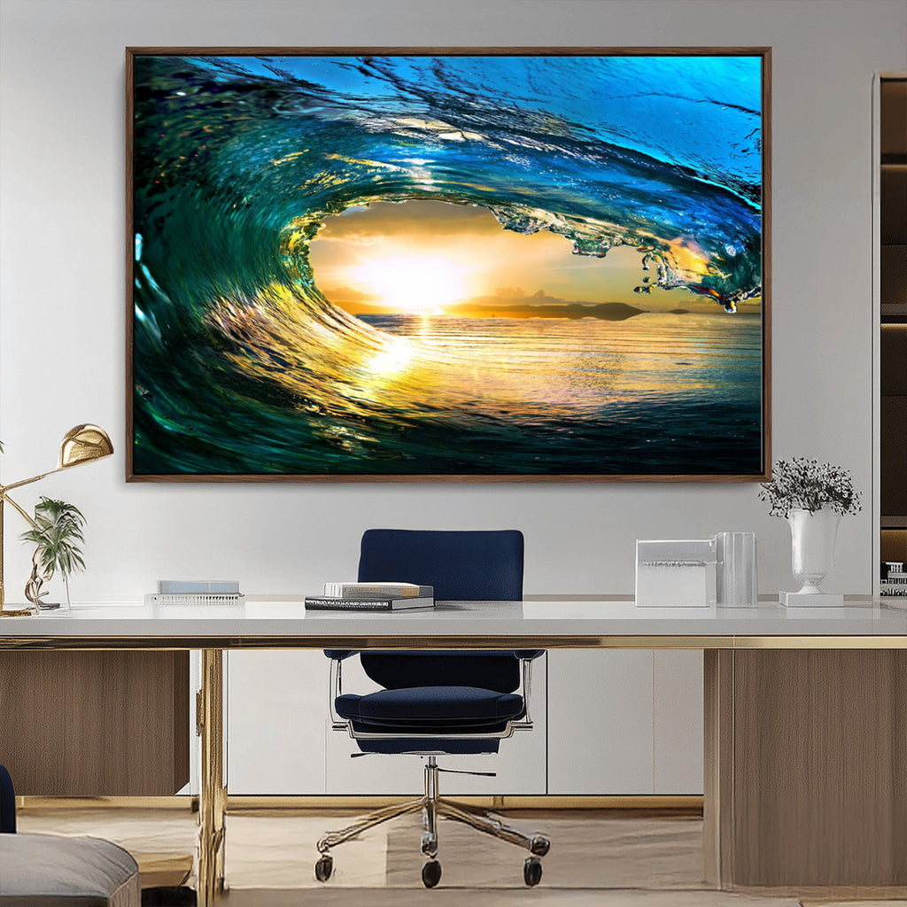 Ocean Wave at Sunset Canvas Art, Large Wall Print of Vibrant Surfing Wave