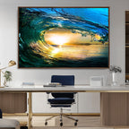Ocean Wave at Sunset Canvas Art, Large Wall Print of Vibrant Surfing Wave