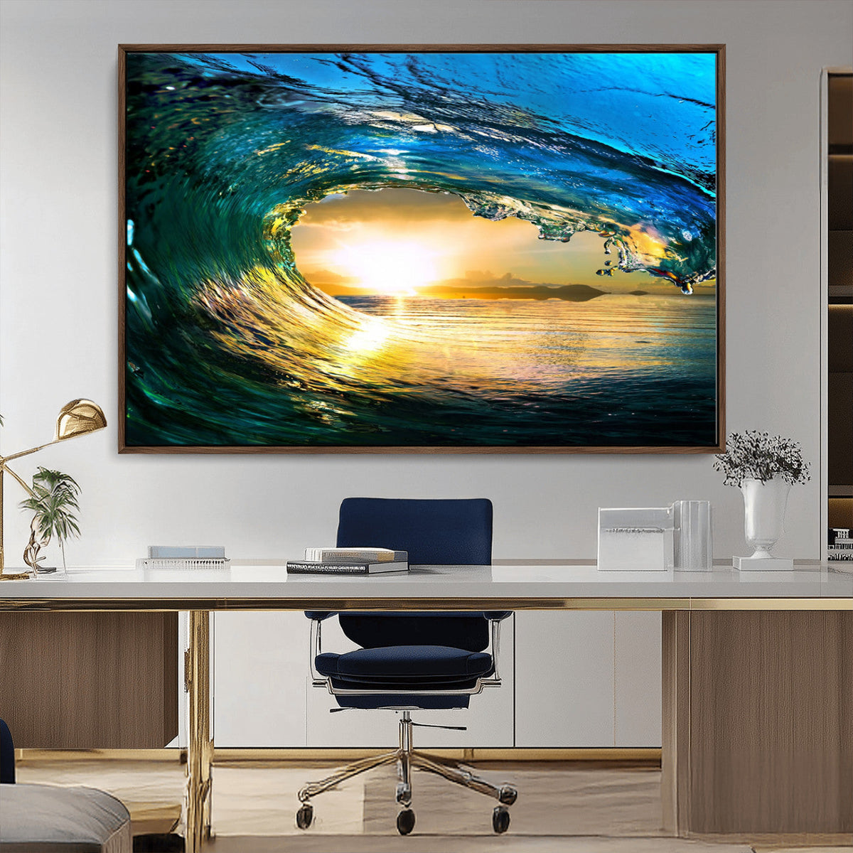 Ocean Wave at Sunset Canvas Art, Large Wall Print of Vibrant Surfing Wave